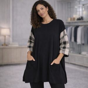 ALEMBIKA Plaid Sleeve Top Size XS LINEN Blend Tunic Wide Drop Shoulder RT405K